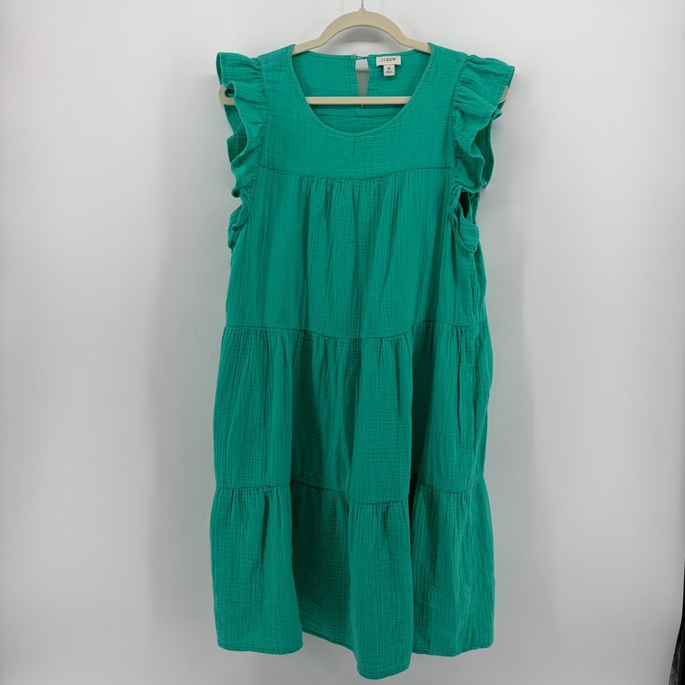 J.Crew Womens 12 Green Dress Sleeveless Tiered Ruffle Cotton Gauze Mini Pockets